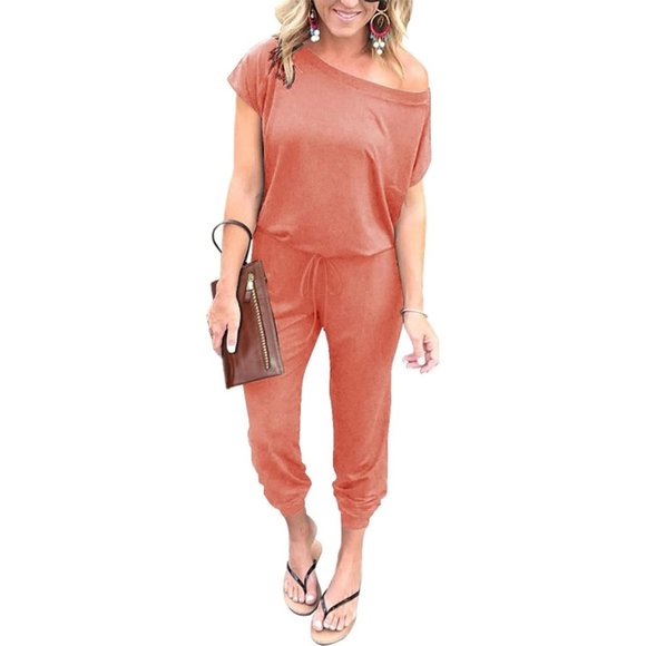 Women's Pink Loose Solid Off Shoulder Elastic Waist Stretchy Romper Jumpsuit - Picture 2 of 5